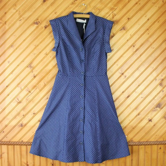 Annie 50 Cotton Dress Button Down Fit and Flare XS Navy Blue White Polka Dot D93 - Picture 3 of 12